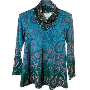 Azalea by Firmiana Colorful Paisley Cowl V-neck Long Sleeve Tunic Top Size Small